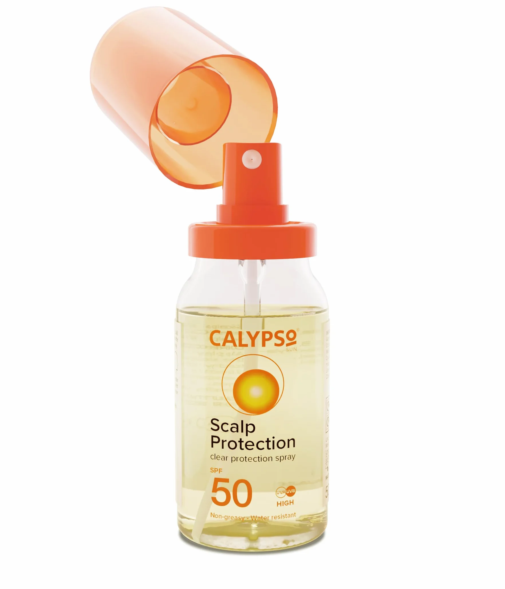 Spray do skóry głowy Calypso Ochrona skóry głowy SPF50 | Wysoka ochrona dla skóry głowy i rozstępu | 50 ml | CALD50SCA, Przezroczysty