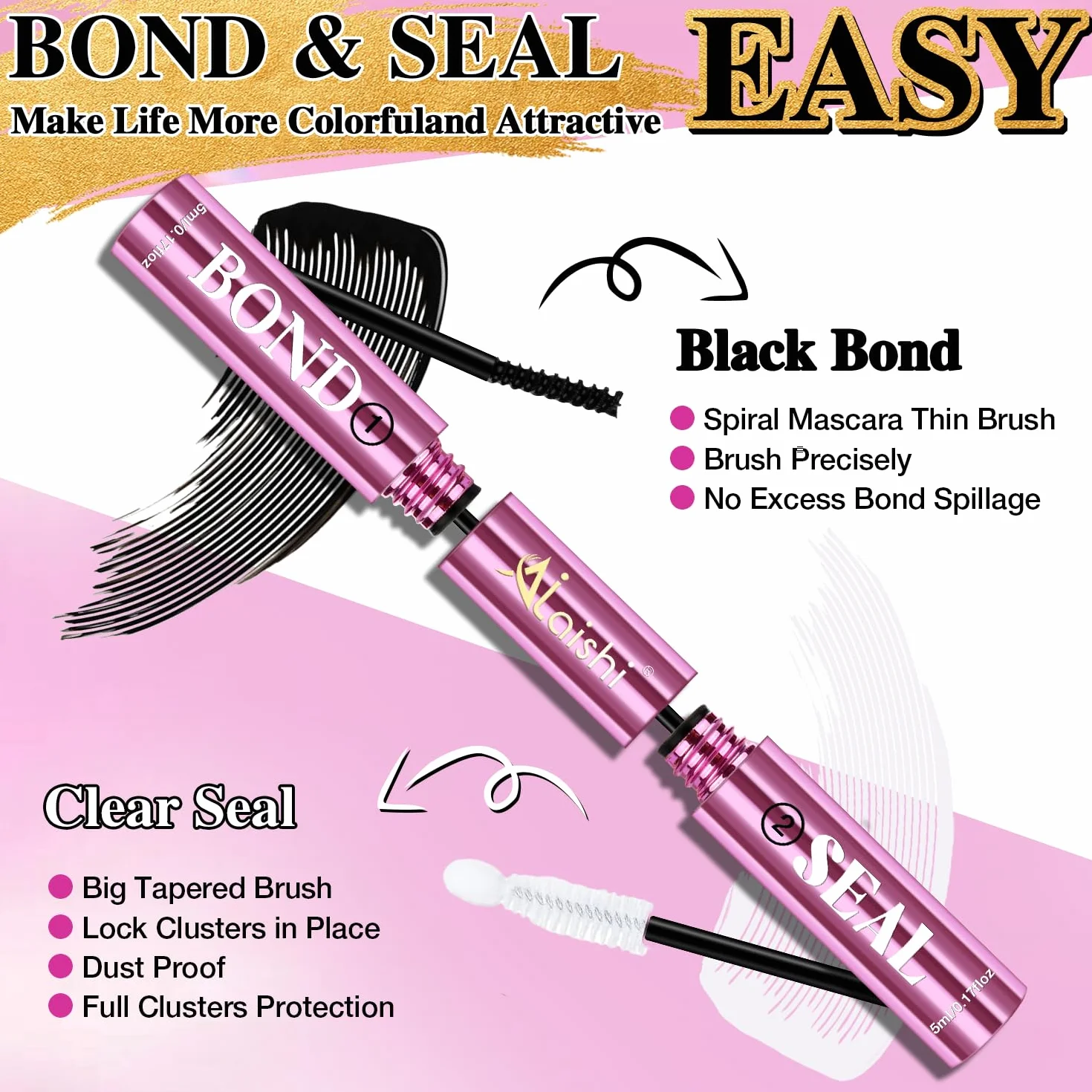 Klej do rzęs Lash Bond And Seal – Długi Czas Trwania 150 Godzin, Nie Drażniący, Dla Wrażliwych Oczu, do DIY Pojedynczych Włókien w Domu – Czarny (5ml+5ml)