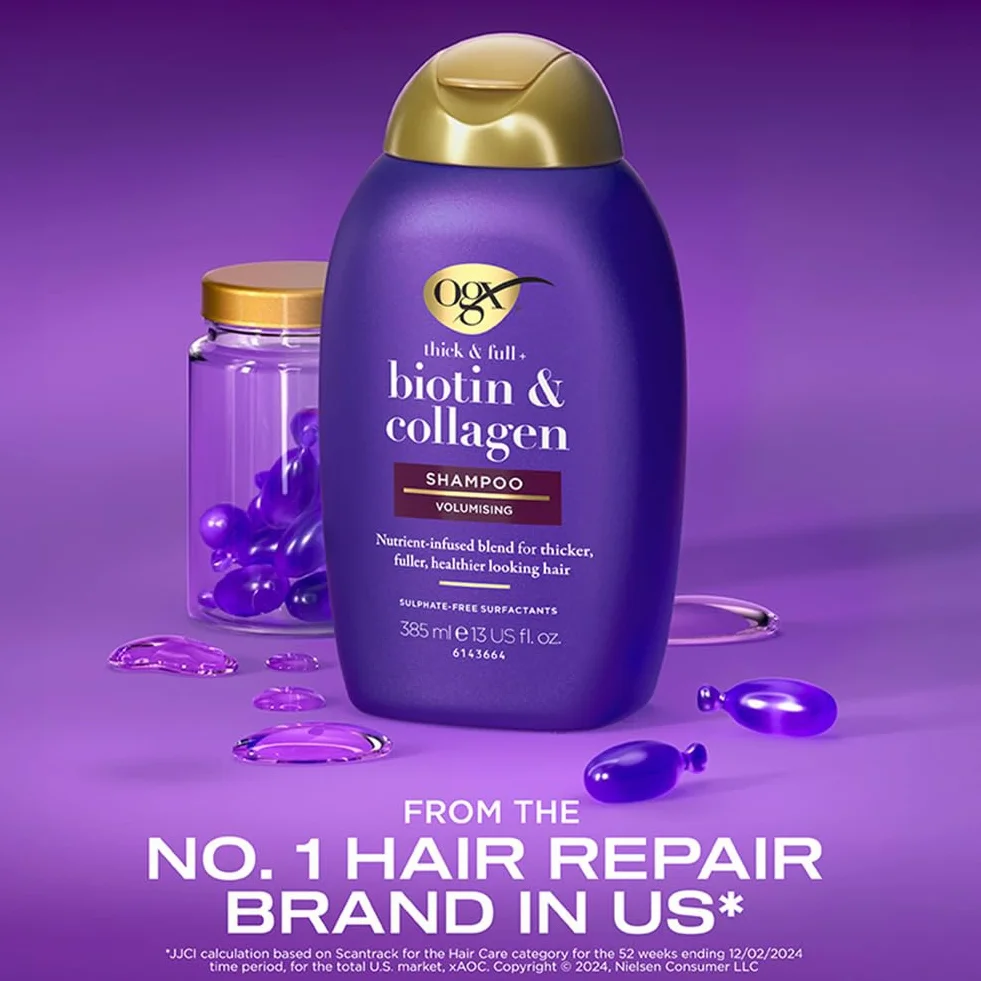 OGX Szampon Biotin & Collagen (385 ml), biotyna, kolagen i hydrolizowane białko pszenicy, bez siarczanów i parabenów, wzmacniacz i teksturyzator do włosów (opakowanie może się różnić)